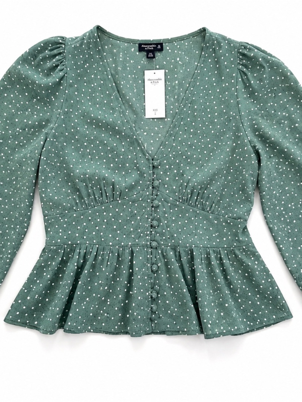 NWT Abercrombie & Fitch Sage Green Polka Dot Peplum Blouse XXS